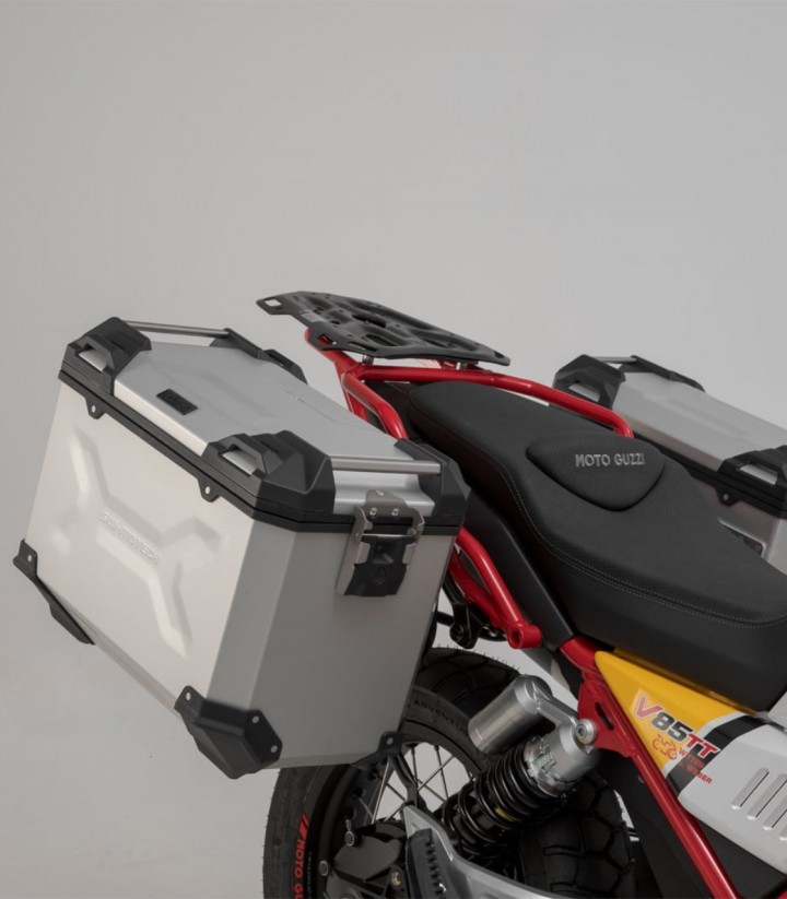 Seitenkoffer mit Träger TRAX ADV Silber 37/45 L Moto Guzzi V85 TT (19-23) SW-MOTECH KFT.17.925.70000/S