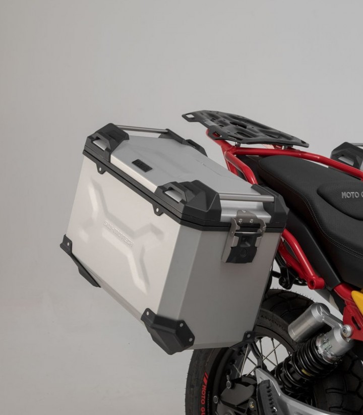 Pack Maletas Laterales + Baúl 38 L TRAX ADV en Plateado + Soportes Moto Guzzi V85 TT (19-23) SW-MOTECH ADV.17.925.75000/S