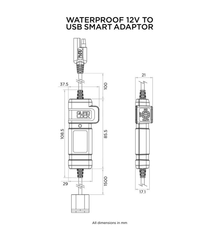 Adaptador impermeável de 12 V para USB Quad Lock