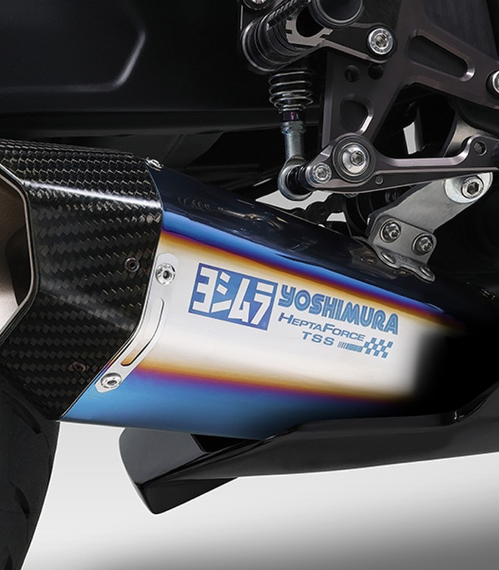 Escape completo Yoshimura Hepta Force em titânio azul com ponteira em aço para vários modelos Kawasaki 150-247-a26g0