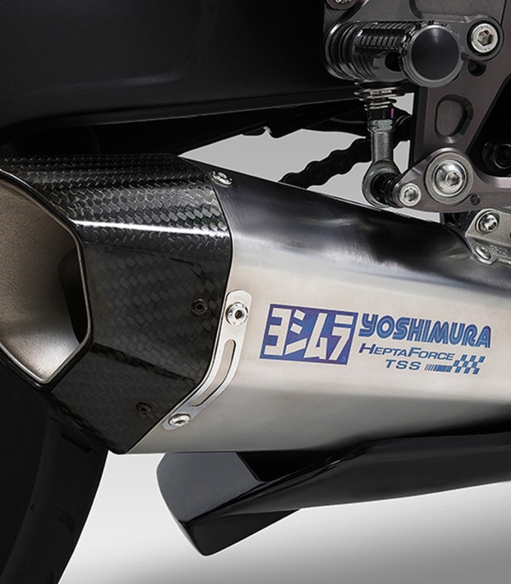 Escape completo Yoshimura Hepta Force em aço acetinado com ponteira em carbono para vários modelos Kawasaki 150-247-c23g0