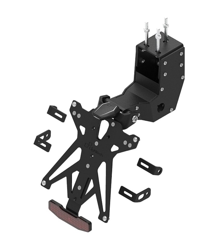 Verstellbarer Kennzeichenhalter LighTech mit LT009 Beleuchtung und Reflektor in Schwarz für Aprilia Dorsoduro 1200 (11-15), 900