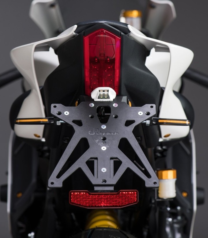 Verstellbarer Kennzeichenhalter LighTech mit Beleuchtung, Reflektor und Halterung für Racing-Blinker in Schwarz für Yamaha R7 (2