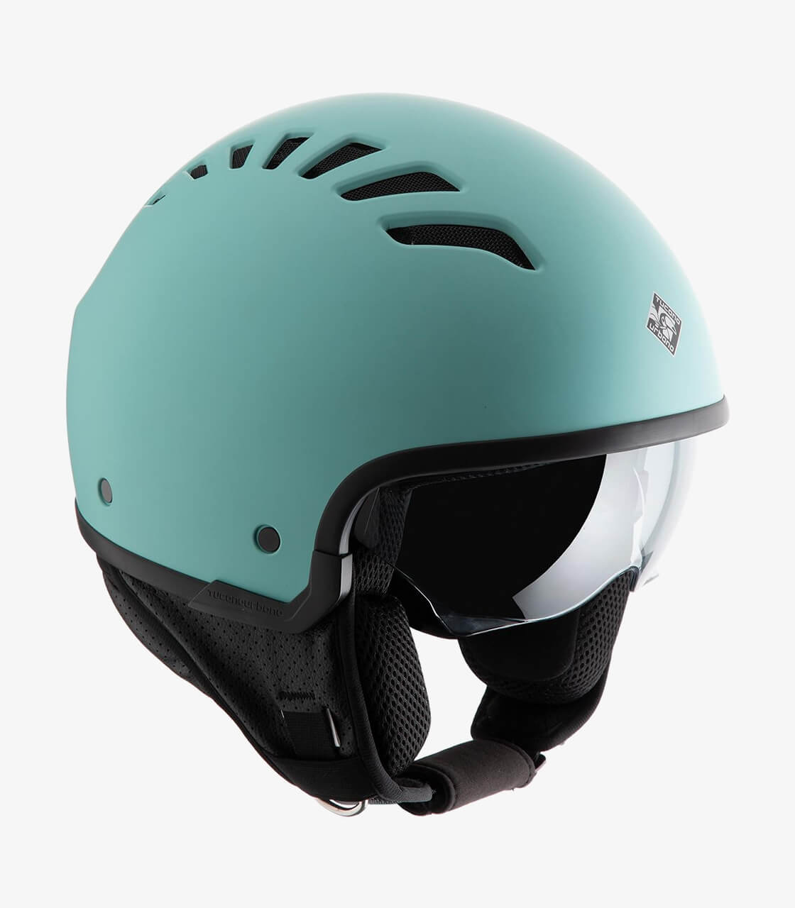 teal colored motorcycle helmet